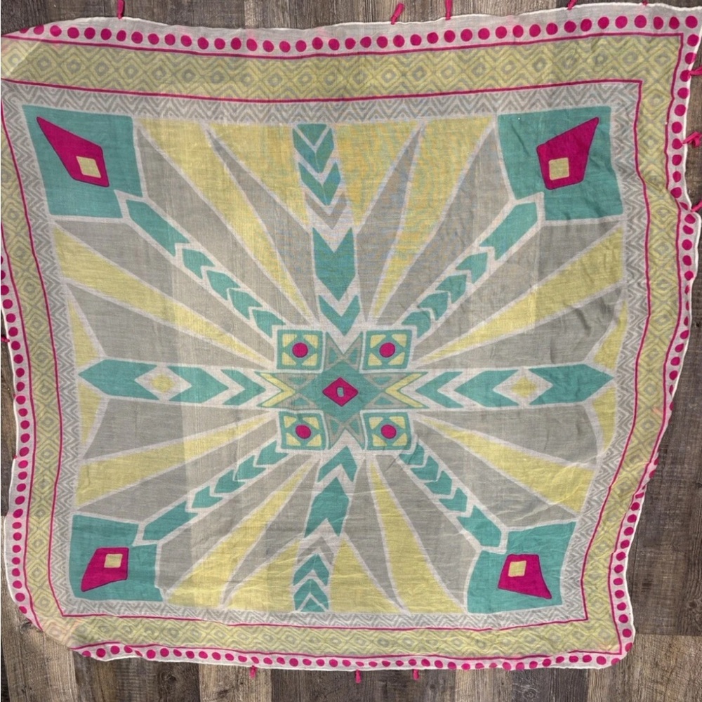 Kendall & Kylie Aztec Wrap Shawl Scarf w/ Tassels 47x47” White Pink Aqua Boho